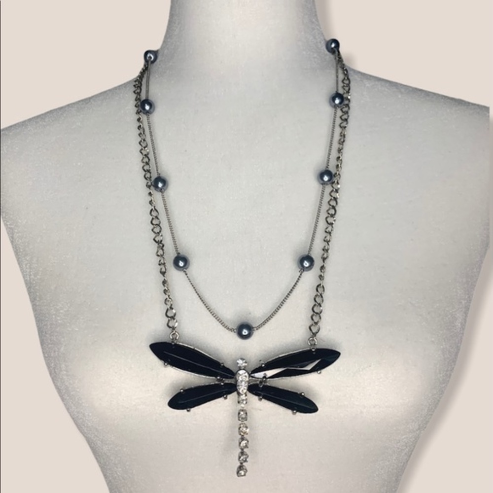 Layered Pearl and Dragonfly Chain Link Necklace